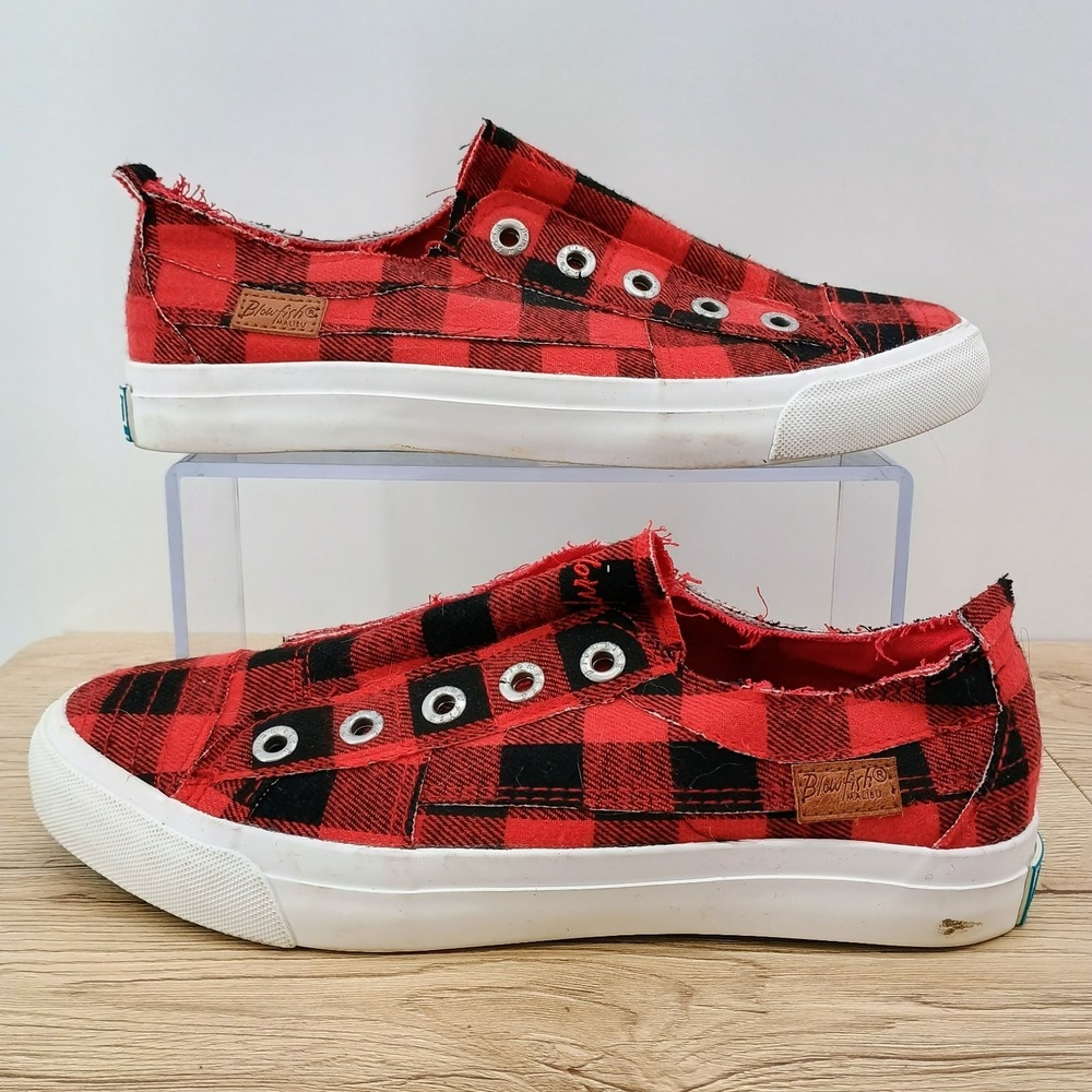 Blowfish Womens 8.5 Red Black Buffalo Plaid Slip On Sneakers Casual Canvas Shoes